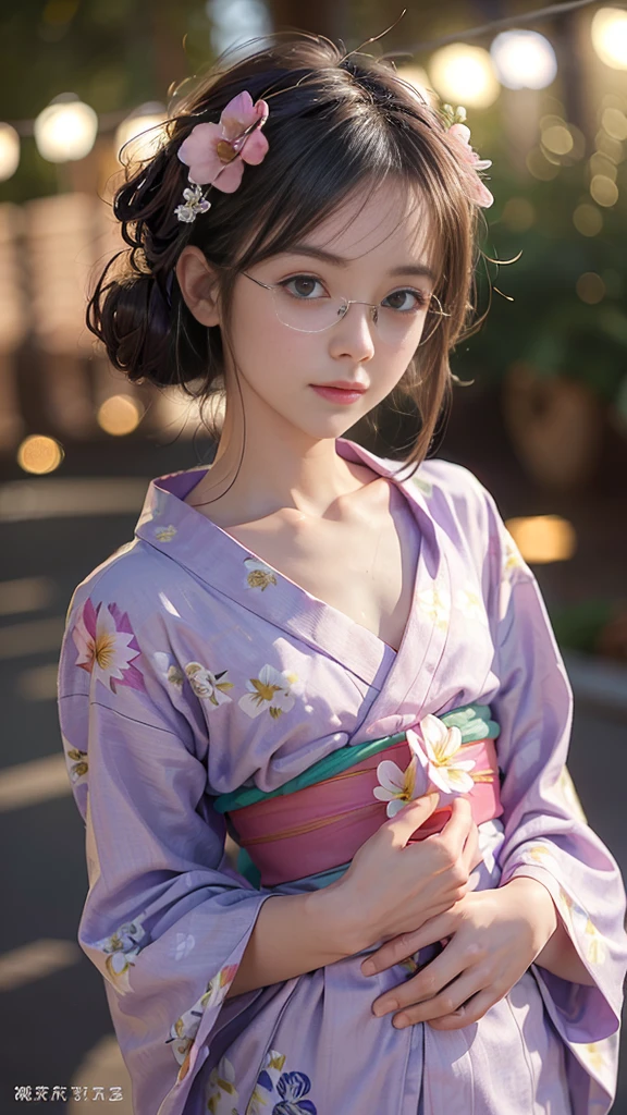 (masterpiece, highest quality:1.4), Beautiful Face, 8k, 85mm, Absurd, (Floral Yukata:1.4), Face close-up, violet, Gardenia, Delicate girl, alone, night, View audience, Upper Body, Film Grain, chromatic aberration, Sharp focus, Face Light, Professional Lighting, Sophisticated, (smile:0.4), (Simple Background, Bokeh Background:1.2), detailed aspects,(((Showing one nipple:0.57))),((Very young and small:1.2),(Pink glasses and a flower in her hair:1),((((Show your vagina:1.2)))),