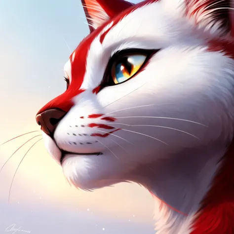 A pristine white cat with a vibrant red marking adorns the medium close-up shot. Its facial features are beautifully detailed, c...