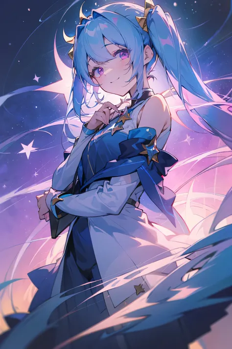 (masterpiece 1.2), (best quality), blue hair, long twintails, ((celestial theme 1)), blue and pink eyes, (music theme 1), ((hold...