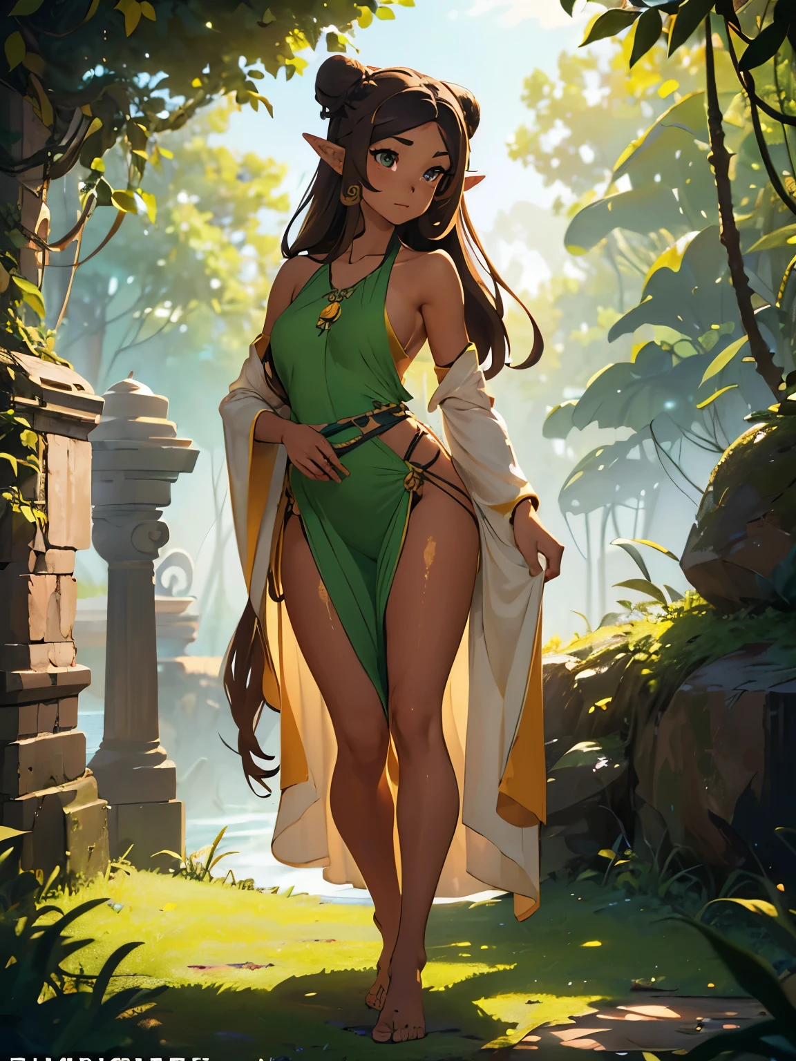 masterpiece, high quality, illustration, extremely detailed, cg unity 8k, ((summer: 1.4)), 1_women, ((full body)), (tan exotic skin_complexion:1.4), mature, statuesque, beautiful, exotic, with long elf ears, smiling, (((looking away from viewer))), medium breast, thigh gap, (wearing ((green)) diaphanous robes), white backless halter top dress, bare_shoulders, bare foot, (((long brown hair))), ((twin hair buns)), detailed face having (((hazel eyes)), dark_eyeliner, long_eyelashes), natural dynamic lighting casts detailed shadows, forest, temple 