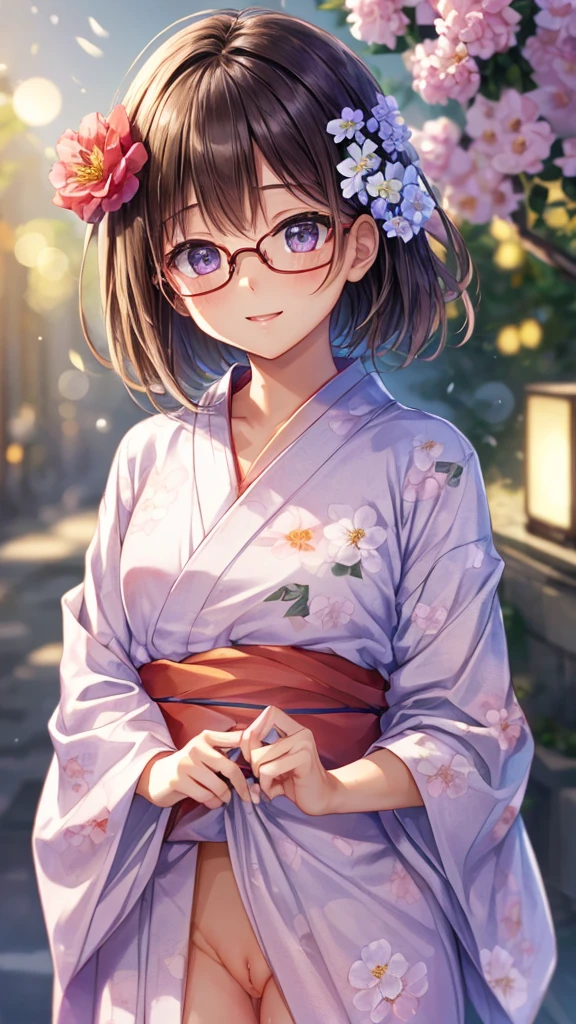 (masterpiece, highest quality:1.4), Beautiful Face, 8k, 85mm, Absurd, (Floral Yukata:1.4), Face close-up, violet, Gardenia, Delicate girl, alone, night, View audience, Upper Body, Film Grain, chromatic aberration, Sharp focus, Face Light, Professional Lighting, Sophisticated, (smile:0.4), (Simple Background, Bokeh Background:1.2), detailed aspects,(((Showing one nipple:0.57))),((Very young and small:1.2),(Pink glasses and a flower in her hair:1),((Show your vagina:1.5)),