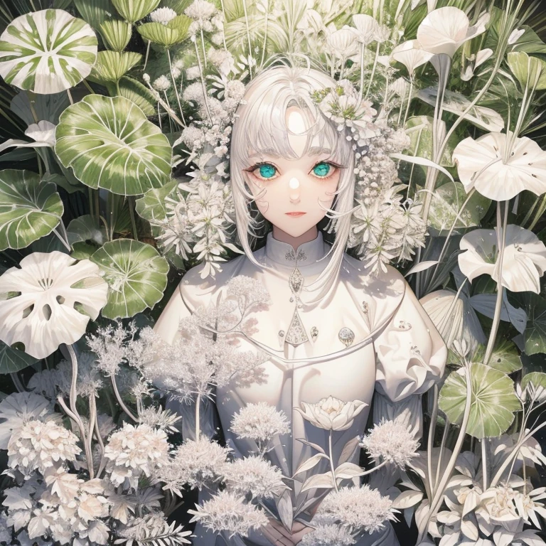 White world、A pure white plant that lacks chlorophyll、A beautiful woman lost in a land of white plants、Surrounded by a forest of fantastic white plants、Only the eyes are green