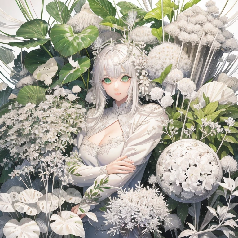 White world、A pure white plant that lacks chlorophyll、A beautiful woman lost in a land of white plants、Surrounded by a forest of fantastic white plants、Only the eyes are green