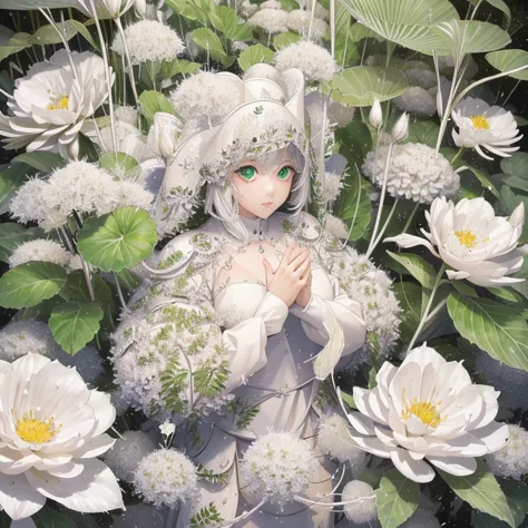 white world、a pure white plant that lacks chlorophyll、a beautiful woman lost in a land of white plants、surrounded by a forest of...