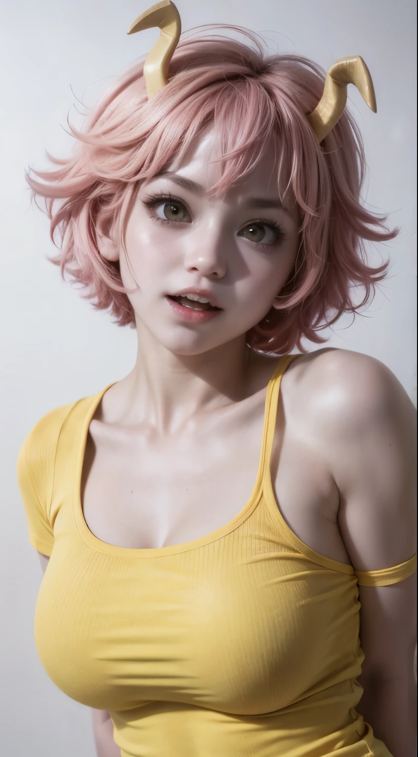 mina ashido, 1girl, solo, breasts, short hair, medium breasts, shirt, white background, collarbone, yellow eyes, upper body, pink hair, short sleeves, horns, teeth, colored skin, blue shirtteeth, happy, colored sclera, emphasis lines, black sclera, pink skin