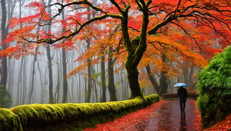 The endless autumn rain brushes the moss，Floresta de bordo vermelho，The sound is rain falling with maple leaves，Eu caminhei por ...