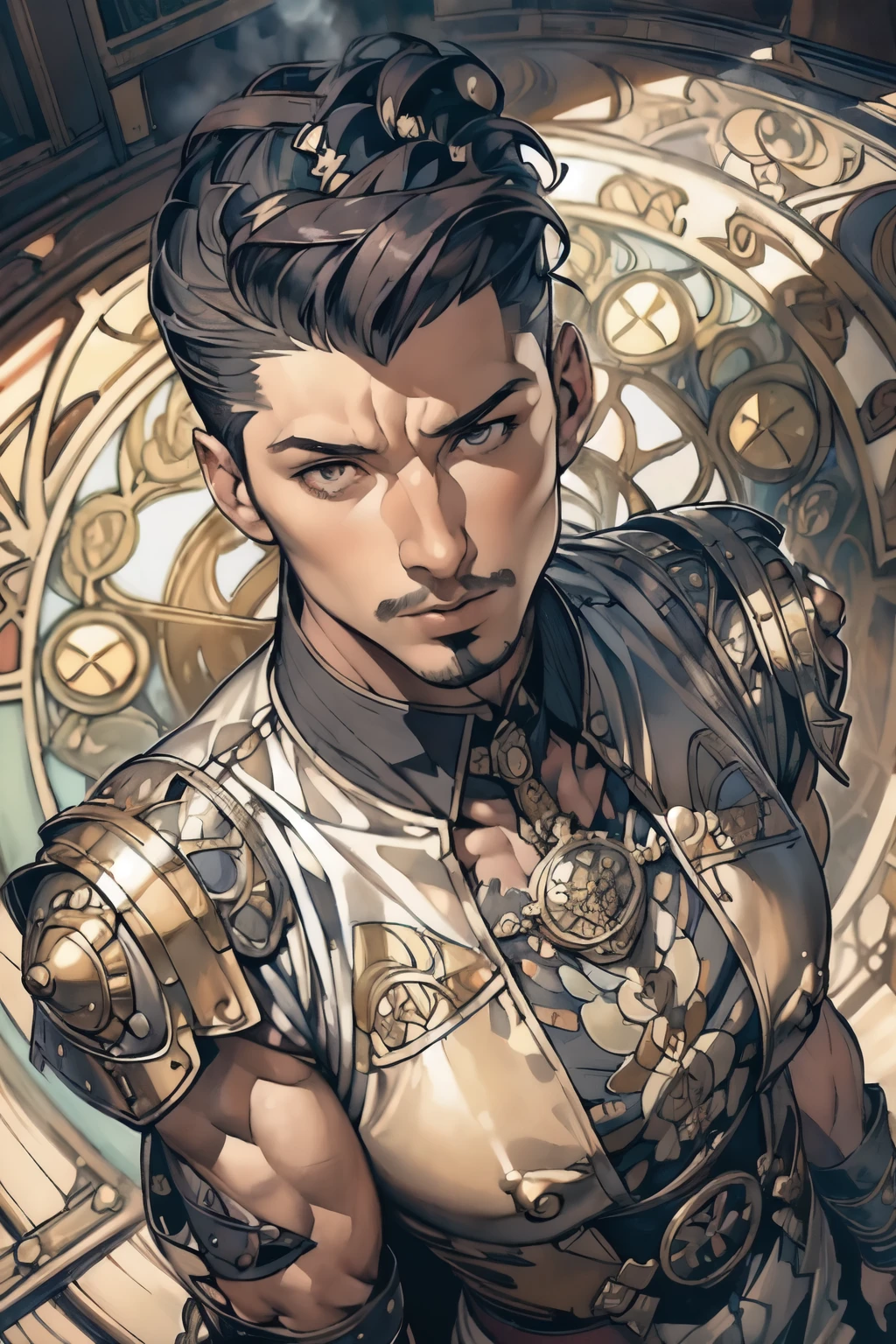 ((Detailed face)),((Mucha's style)),(portrait),((muscular male)),pompadour(Medieval  male soldier),black hair(Mucha in the background),(high position:1.8)
