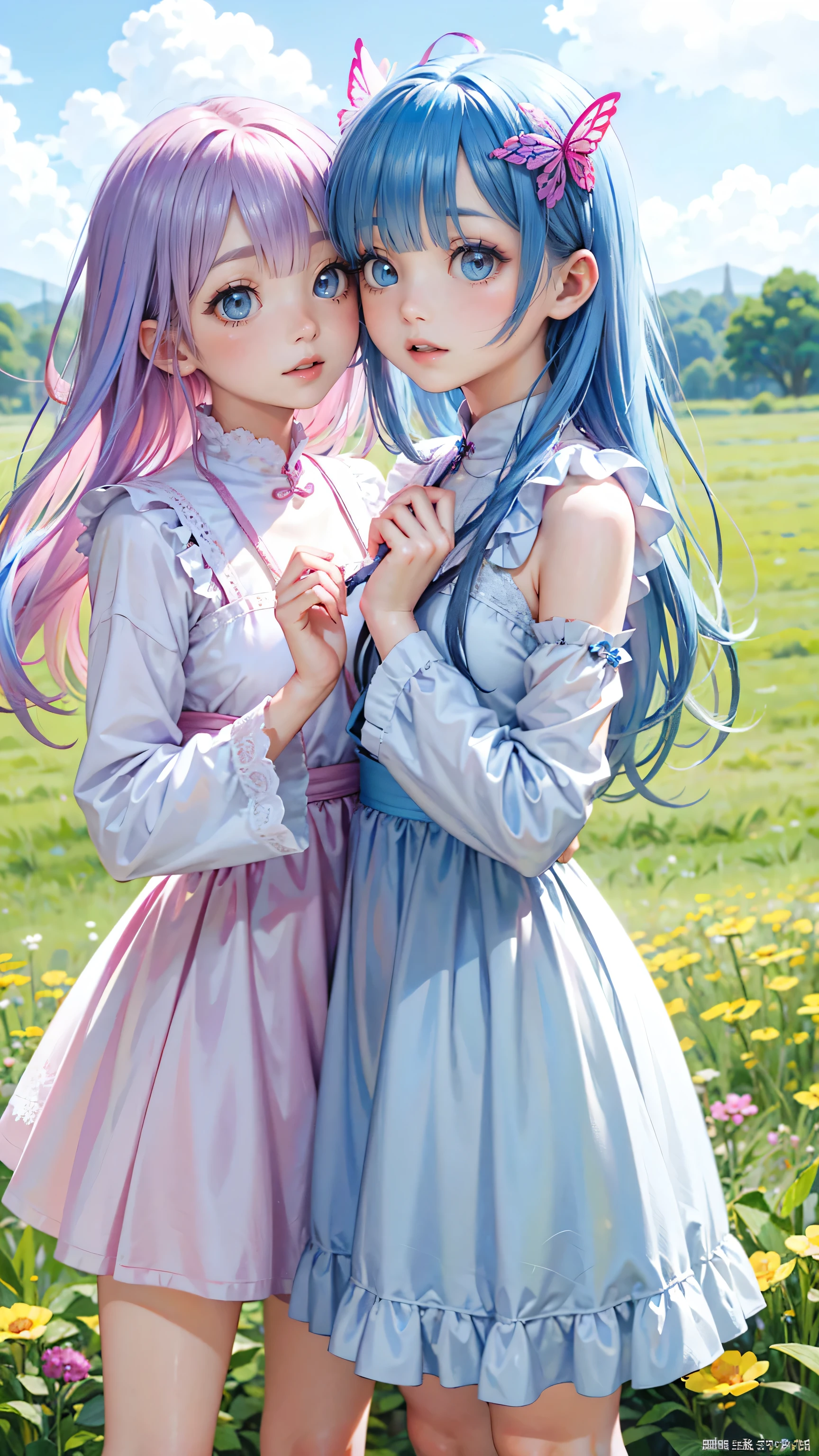 Two pure and innocent girls、10 years old、2 people(One with pink hair、1 Name Light Blue Hair)、Cute face、Beautiful Eyes、（Right and left eyes are different colors）,Very thin eyebrows、Transparent white skin、Natural beauty、Warm sunshine、Wildflowers swaying in the breeze々Surrounded by、Enjoying time in the fields。Butterflies and birds flutter around her、Creates a playful atmosphere。