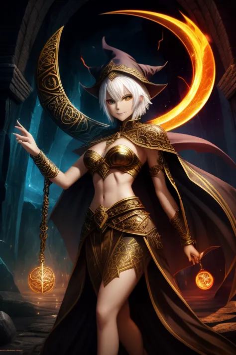 dungeon and dragon anime, epic scene, dynamic view, wide angle, ultra hd quality, ancient mage, short white hair, flaming yellow...