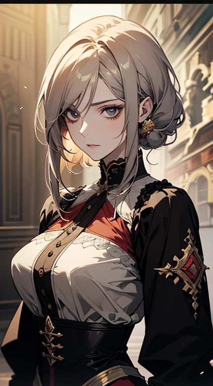 A painting of a woman with gray hair and an orange top, stunning anime face portrait, beautiful character painting, beautiful anime portrait, her image is rendered by red paint, presenting a stunning effect. The painting is very detailed, depicting women's faces and clothing. Her face has a creamy dripping effect, which makes the whole face more vivid. She wears a beautiful detailed outfit with pale gray hair. The proportions are accurate, and the costumes of the female characters are traditionally dressed, showing a classical charm.