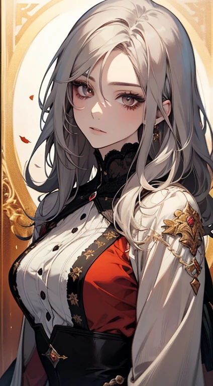 A painting of a woman with gray hair and an orange top, stunning anime face portrait, beautiful character painting, beautiful anime portrait, her image is rendered by red paint, presenting a stunning effect. The painting is very detailed, depicting women's faces and clothing. Her face has a creamy dripping effect, which makes the whole face more vivid. She wears a beautiful detailed outfit with pale gray hair. The proportions are accurate, and the costumes of the female characters are traditionally dressed, showing a classical charm.