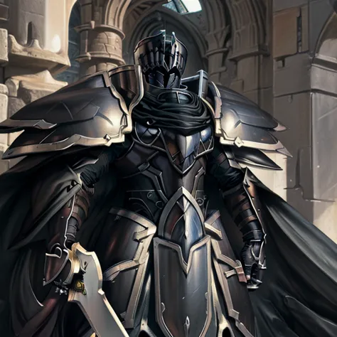(masterpiece, best quality, detailed:1.2) BlackKnight_fe, Armor, Cape, Helmet, Sword,rd, shield, The cloak is black on both side...
