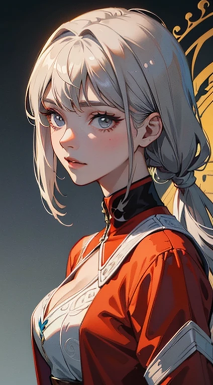 A painting of a woman with gray hair and an orange top, stunning anime face portrait, beautiful character painting, beautiful anime portrait, her image is rendered by red paint, presenting a stunning effect. The painting is very detailed, depicting women's faces and clothing. Her face has a creamy dripping effect, which makes the whole face more vivid. She wears a beautiful detailed outfit with pale gray hair. The proportions are accurate, and the costumes of the female characters are traditionally dressed, showing a classical charm.