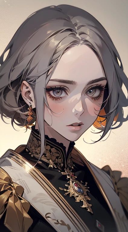 A painting of a woman with gray hair and an orange top, stunning anime face portrait, beautiful character painting, beautiful anime portrait, her image is rendered by red paint, presenting a stunning effect. The painting is very detailed, depicting women's faces and clothing. Her face has a creamy dripping effect, which makes the whole face more vivid. She wears a beautiful detailed outfit with pale gray hair. The proportions are accurate, and the costumes of the female characters are traditionally dressed, showing a classical charm.