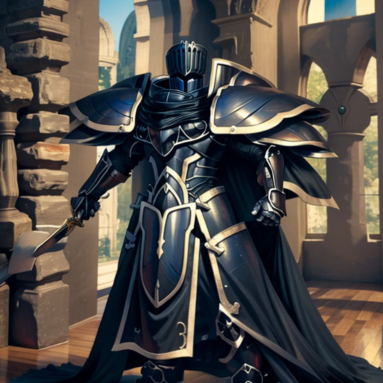 (masterpiece, best quality, detailed:1.2) BlackKnight_fe, Armor, Cape, Helmet, Sword,rd, shield, The cloak is black on both sides, Best Quality, super detailed illustration, castle ruin, Heroic pose The inside of the arm also wears armor, polished armor,