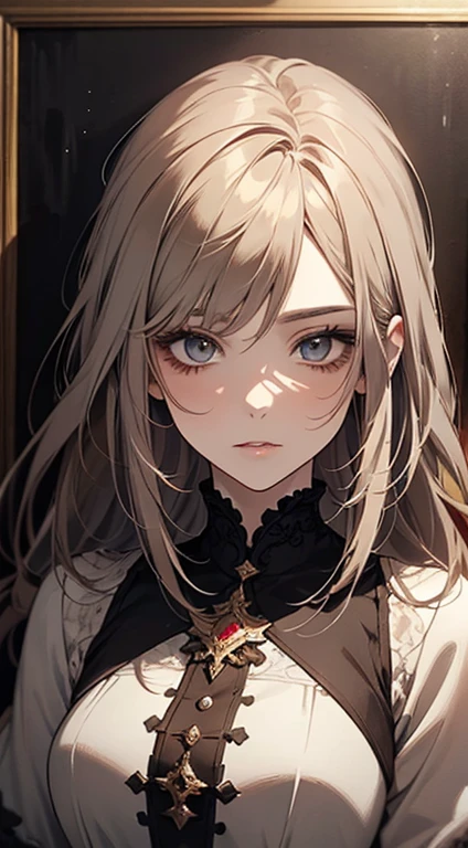 A painting of a woman brown gray hair and an orange top, stunning anime face portrait, beautiful character painting, beautiful anime portrait, her image is rendered by red paint, presenting a stunning effect. The painting is very detailed, depicting women's faces and clothing. Her face has a creamy dripping effect, which makes the whole face more vivid. She wears a beautiful detailed outfit with pale gray hair. The proportions are accurate, and the costumes of the female characters are traditionally dressed, showing a classical charm.