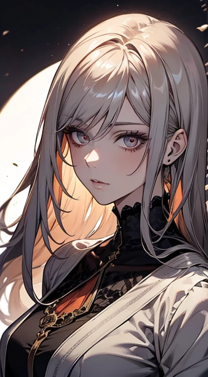 A painting of a woman  gray hair black and an orange top, stunning anime face portrait, beautiful character painting, beautiful anime portrait, her image is rendered by red paint, presenting a stunning effect. The painting is very detailed, depicting women's faces and clothing. Her face has a creamy dripping effect, which makes the whole face more vivid. She wears a beautiful detailed outfit with pale gray hair. The proportions are accurate, and the costumes of the female characters are traditionally dressed, showing a classical charm.