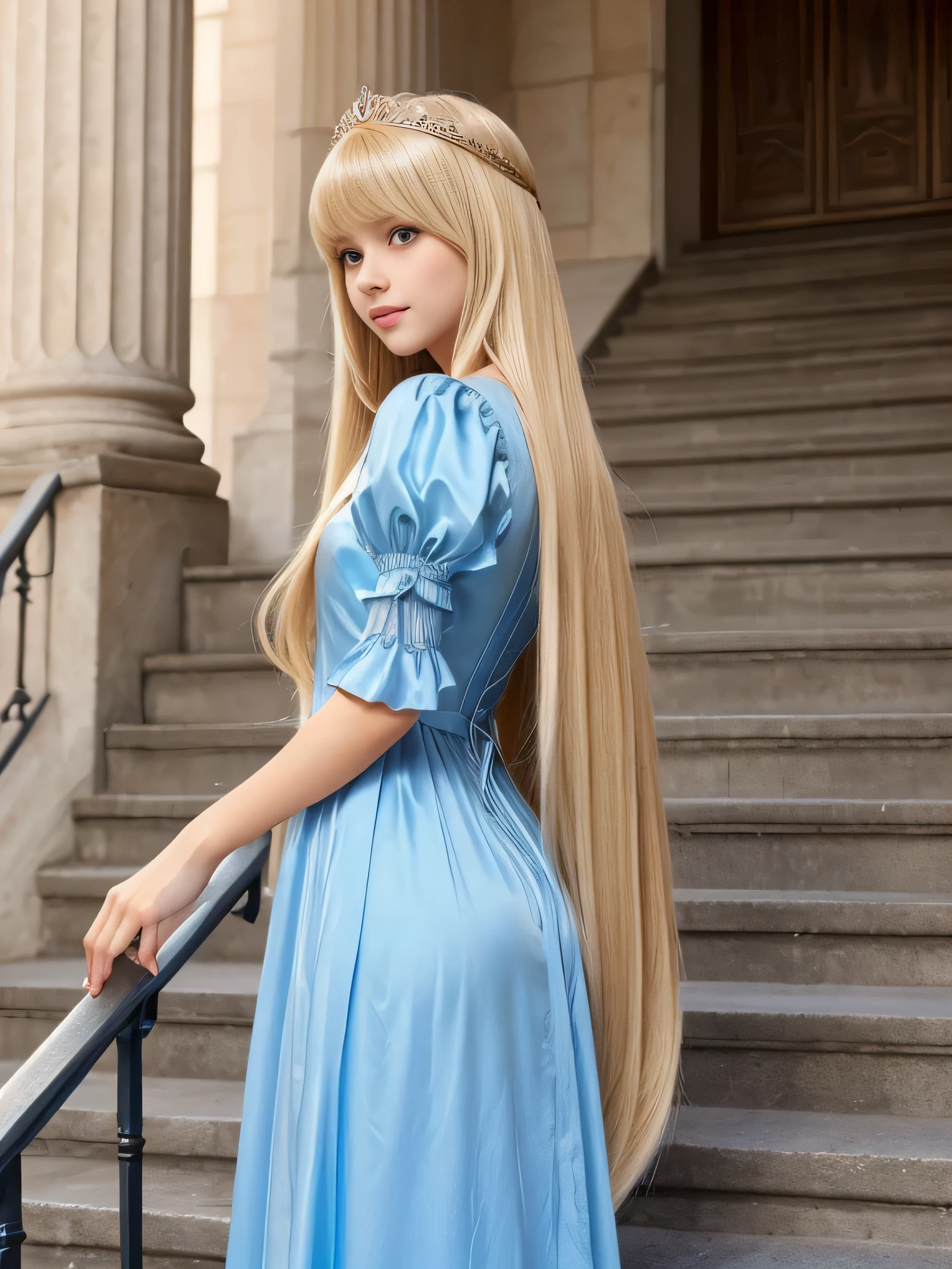 ((Full Shot:1.3))　(big 1.4)　Beautiful Fantasy Girl　((highest quality)), ((masterpiece)), (Get used to it), Perfect Face　(1 girl)　(French)　(She is 15 years old、The cutest teen in France.)　((highest quality)), ((masterpiece)), length blonde hair 　length, shining golden hair,Golden Silky Hair, Straight blonde hair, length blonde straight hair, Perfect Silky Straight Hair, Straight blonde hair, length blonde hair, Her hair is long and straight, detailed length blonde hair　((big 1.4))　Super Long Hair down to the ankles　((Neat bangs　The neatly trimmed bangs are princess cut and cover the entire forehead.......))...　bright crimson lips　good, Anatomically correct hand　Thin fingers　Anatomically correct five fingers　Sexy professional makeup　Beautiful French girl face, French facial features, Long Hair shiny Long Hair, length, shining golden hair, length, Straight Golden Hair, Her hair is long and straight, Super Long Hair girl, Silky Hair, length blonde hair, Silky Hair, length, Flat Hair, Silky texture, Long Hair, length, flowing blonde hair, thin and shiny hair　Anatomically correct、White beautiful human skin and detail of hands and fingers　Beautiful Eyes　Mouth Details　the corners of the mouth rise slightly　Cool look　　(The eyebrows are dark brown in color)　　(She is wearing the gorgeous blue dress worn by Cinderella in the live-action version.　Disney Color Photos、tumbler、Renaissance、Cinderella、She is wearing a gorgeous Victorian blue dress.)　(This is a 16th century European town.)