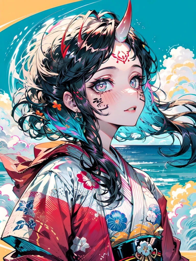 (best quality, high details:1.2), (scenery:1.3), beautiful face, 1girl, a girl in a patterned kimono, (looking at the viewer:1.3), (face tattoo:1.2), small oni horn,