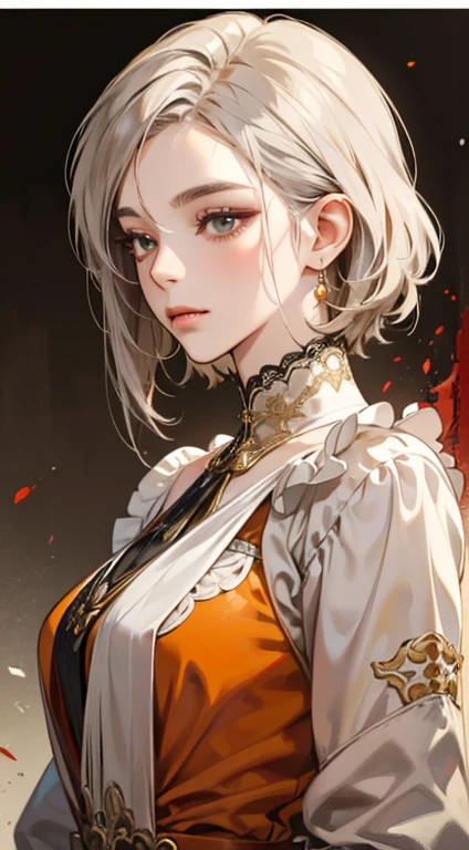 A painting of a woman yellow gray hair and an orange top, stunning anime face portrait, beautiful character painting, beautiful anime portrait, her image is rendered by red paint, presenting a stunning effect. The painting is very detailed, depicting women's faces and clothing. Her face has a creamy dripping effect, which makes the whole face more vivid. She wears a beautiful detailed outfit brown pale gray hair. The proportions are accurate, and the costumes of the female characters are traditionally dressed, showing a classical charm.