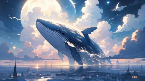 humpback whale, cloud,(building), null, moon, star (null), scenery, No humans, starry null, night, fish, night null, full moon, ...