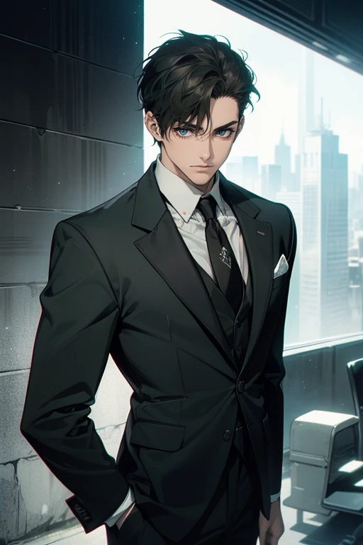 ((One man with a black suit and tie)), gotham, 1980s, alejandro, (((one-side swept black short hair))), (dark green eyes and thick eyebrows), smirk, ((20 years old)), ((masterpiece)), posture dynamic,