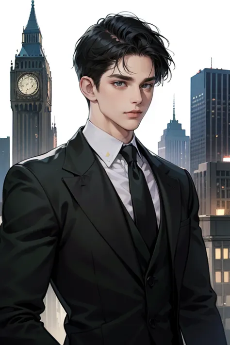 ((One man with a black suit and tie)), gotham, 1980s, alejandro, (((one-side swept black short hair))), (dark green eyes and thi...