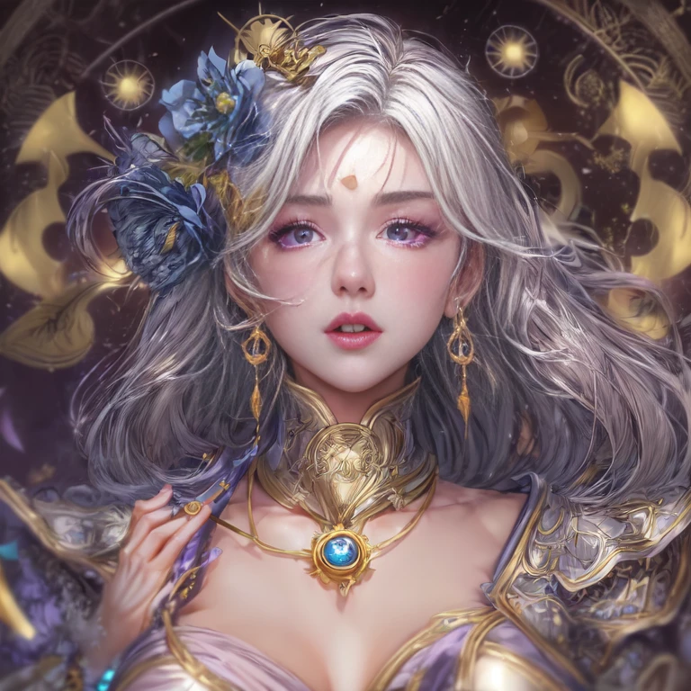 Realistic, One girl, Gray Hair, Purple eyes, Glowing Eyes, Crop top, Tight gold suit、Frilled Skirt, Lips parted, blush, night, Flowers, sun, sunlight,、Camel Toe、Giant tit、Nipple Puffs、Cleavage、Plump、Super big breasts、Super big butt、、Transformブレス、Transformベルト、Transform、effect、Earrings、Earrings、necklace、Thick lips、Heterochromia、Bracelet、Caster wheel、first round、Hair Charm、Lip glosoonlight points、Golden Warrior、Shining Golden、Cowboy Shot