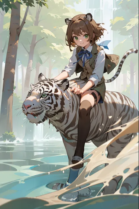 (Outdoor, forest, waterfall), One girl, (((White Tiger))), riding, (smile:1.3), masterpiece, highest quality, 8k, Perfect Anatom...