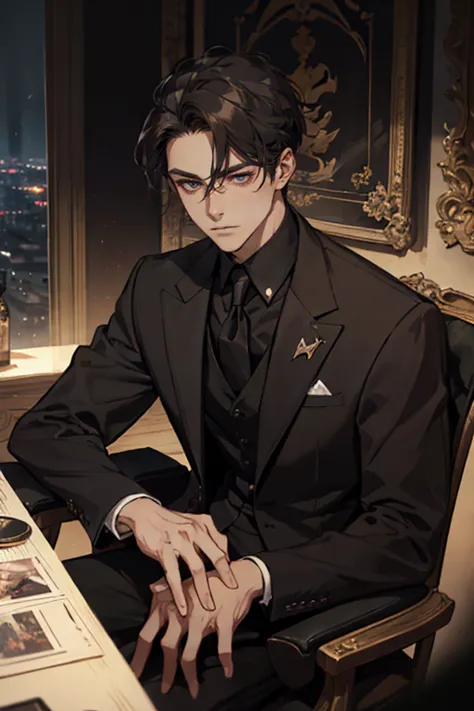 ((One young man with a black suit and tie)), alejandro, (((one side swept dark short neat hair))), ( green eyes and thick eyebro...