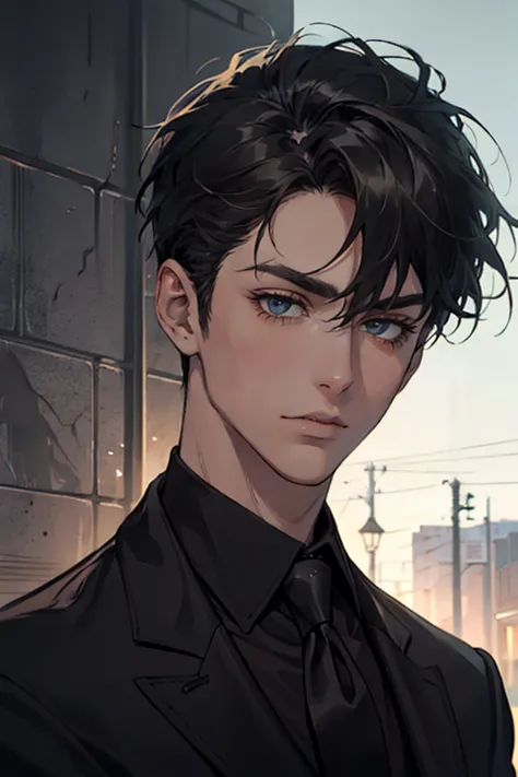 ((One young man with a black suit and tie)), alejandro, (((one side swept dark short neat hair))), ( green eyes and thick eyebro...