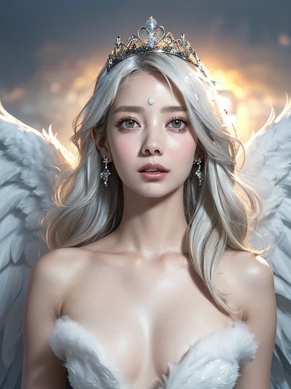 (watercolor:1.1),(Incredible detail, Texture and maximum detail), Doll-like girl with angel wings, Archangel, Angel Ring, Elven ears with many earrings, Look forward, nearly naked, Thin body, skinny, small胸, small , Princess Crown, Dragon Horn, Look up at the camera, (Without hands),(Highest quality real textured skin),(Faint sunshine),(Clamshell Catch Light:1.5),(Abysmal),(Are you okay, round, Symmetrical eyes),Delicate facial features,(Burning bright cold eyes), very slim and Thin body, naked, nude, (She has a mischievous smile),(Her face is kind and beautiful),Glass earrings in the ears,,(Blonde),(Silvery white hair),(Dramatic Photos:1.4),(Dramatic Pose),(Flashy photos), Upturned eyes, Upward glance, Cluttered picture，(Hair floating in the air:2.0),(Background vortices and currents),(Dramatic Light),(Nice views),(Surrounded by beautiful feathers),Spectacular realism,Cinematic feel,(High-density image review:1.5),(Soft colors:1.2),Super detailed,Dramatic Light,(Intricate details:1.1), Complex background, Sparkly Background, Fractal Background,naked,nude,