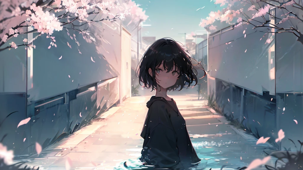 Product illustration for Girl in the Wind,cherry blossoms,In water,water,black hair,short bob,white skin,Pale complexion,Light skin tone,face forward,Are standing