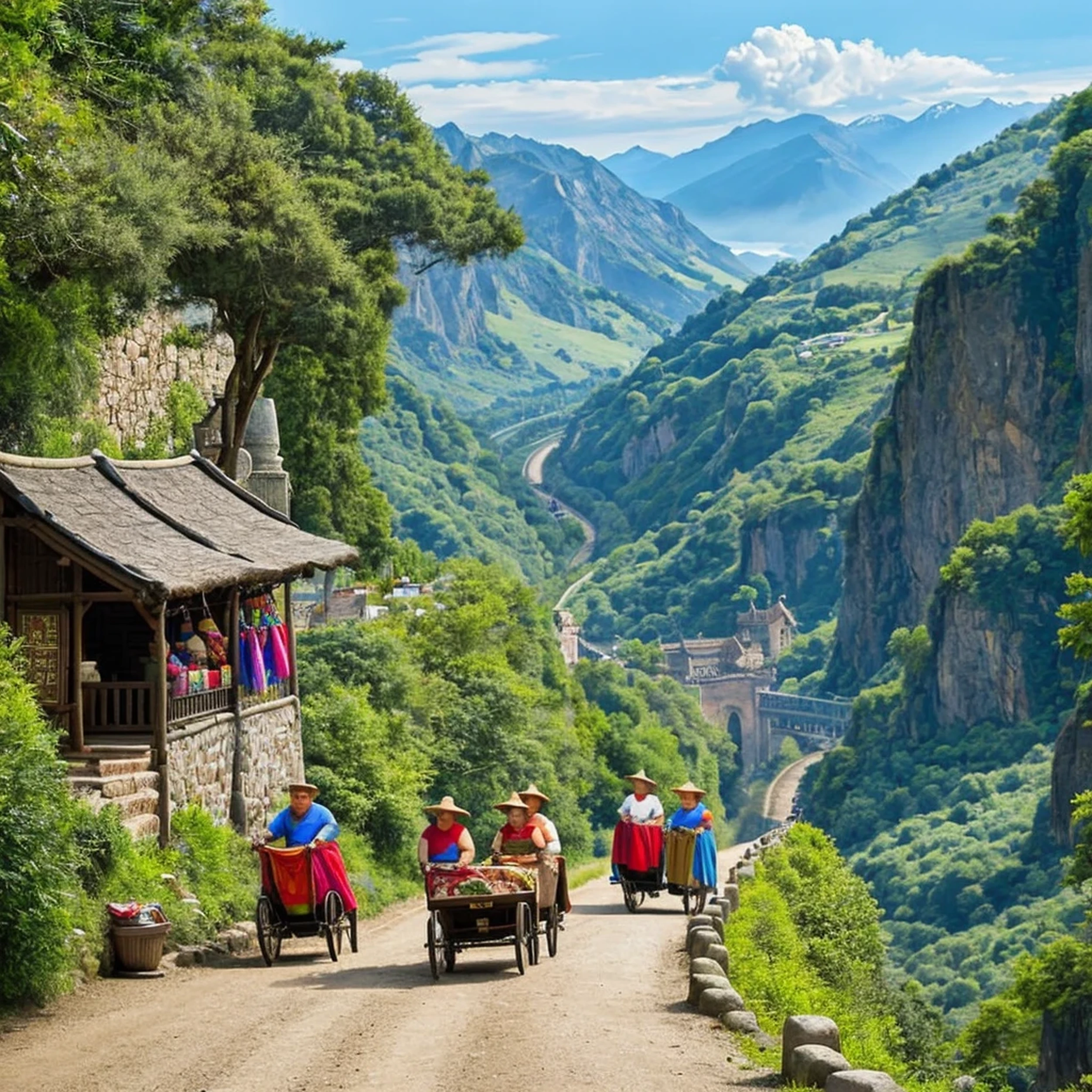 Game banner, a group of fat merchants on the road, next to the landscape, hanging money bags, next to a carriage carrying treasure chests, comic style  