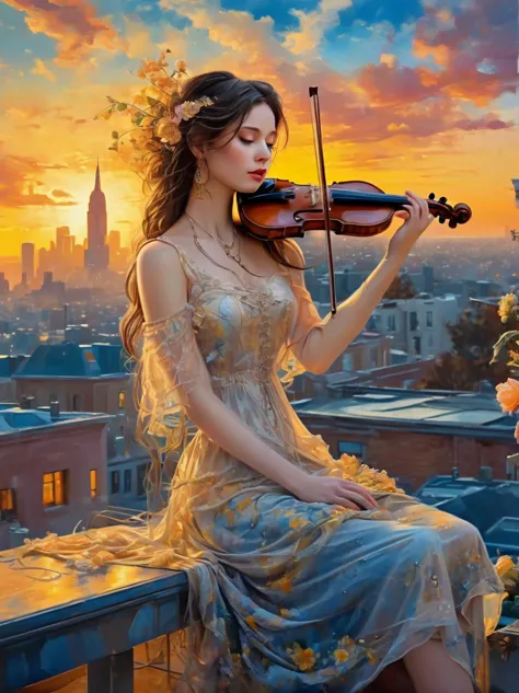 A soulful musician playing the violin on a rooftop at dusk, sheet music, musical notes, reflective, city skyline, dramatic sunse...