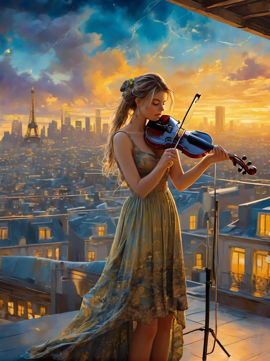 A soulful musician playing the violin on a rooftop at dusk, sheet music, musical notes, reflective, city skyline, dramatic sunset, surrealistic oil painting by James Jean, Van Gogh, Mark Ryden, and Robbie Trevino, pop cyberpunk steampunk flowerpunk, atompunk, cinematic, wallpaper