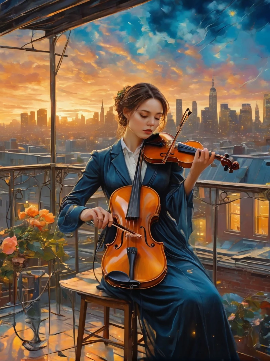 A soulful musician playing the violin on a rooftop at dusk, sheet music, musical notes, reflective, city skyline, dramatic sunset, surrealistic oil painting by James Jean, Van Gogh, Mark Ryden, and Robbie Trevino, pop cyberpunk steampunk flowerpunk, atompunk, cinematic, wallpaper