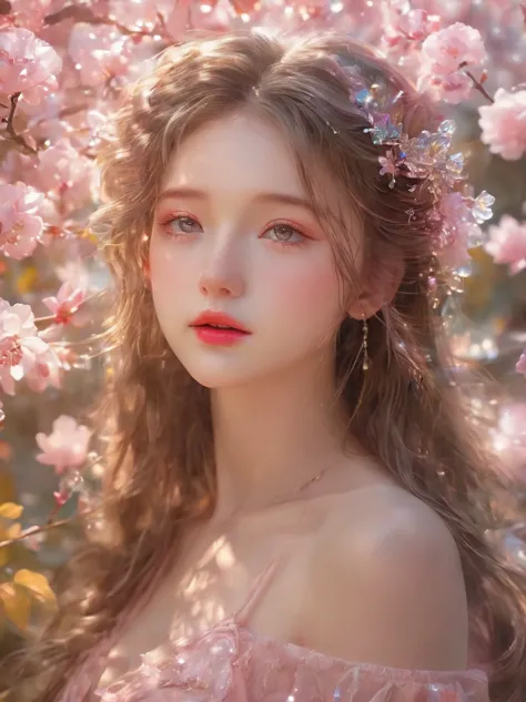 3D Art，Young girl，Crystal clear，Warm morning sun，16K Ultra HD，Dreamy and beautiful，light pink color，Morning light，Like a dream