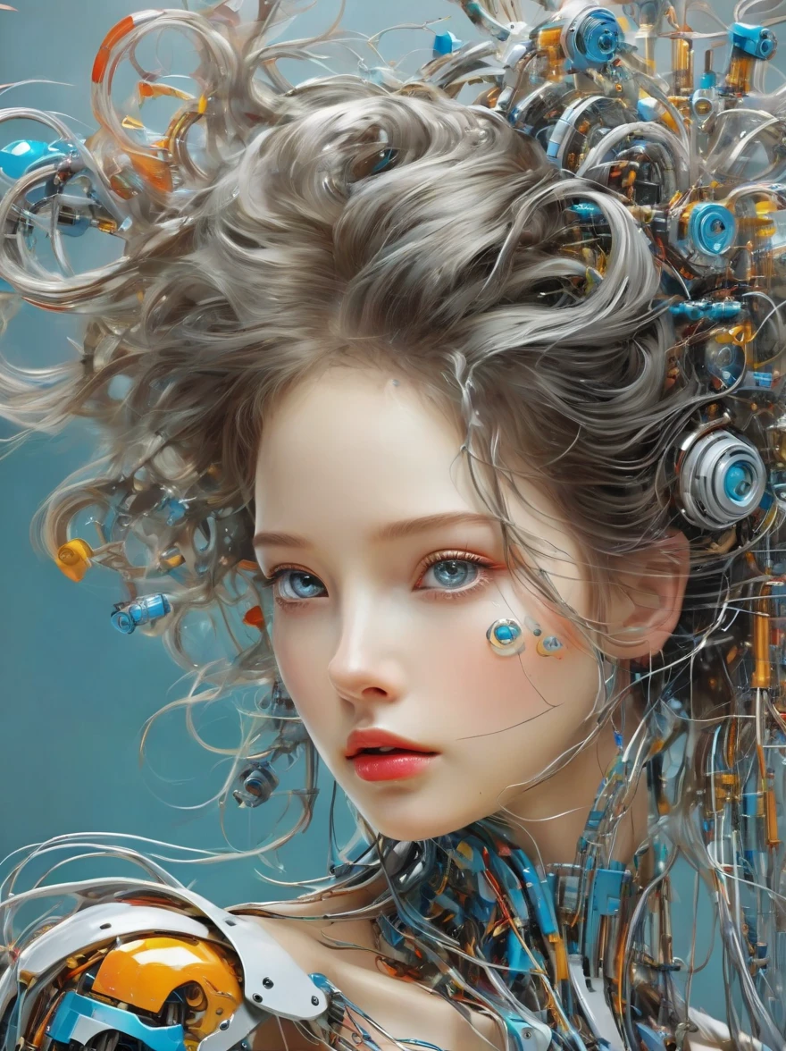 ein Bild einer Frau mit bunter Robotertechnik, im Stil des frei fließenden Surrealismus, glänzend/glänzend, präzise und lebensecht, Modellierung harter Oberflächen, Präzisionslinien, helles Silber und Azurblau, Ingenieurwesen/Konstruktion und Design