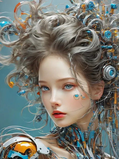 a image of a woman wearing colorful robot tech, in the style of free-flowing surrealism, shiny/glossy, precise and lifelike, har...