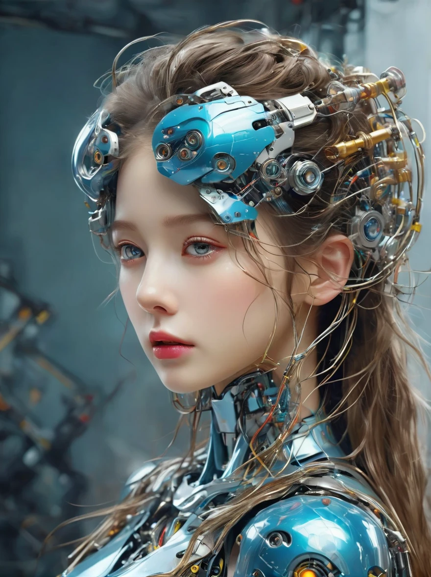 ein Bild einer Frau mit bunter Robotertechnik, im Stil des frei fließenden Surrealismus, glänzend/glänzend, präzise und lebensecht, Modellierung harter Oberflächen, Präzisionslinien, helles Silber und Azurblau, Ingenieurwesen/Konstruktion und Design