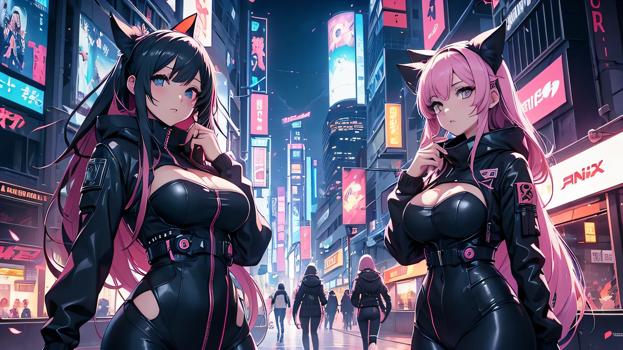 Chicas anime en catsuits posando en una ciudad por la noche., oppai ciberpunk, anime ciberpunk art, anime ciberpunk, arte del anime ciberpunk, digital arte del anime ciberpunk, ciberpunk digital - arte anime, anime ciberpunk moderno, anime ciberpunk digital!!, mejor fondo de pantalla de anime 4k konachan, chica anime cyberpunk femenina, en la ciudad ciberpunk, tendencia en cgstation, mujeres ciberpunk