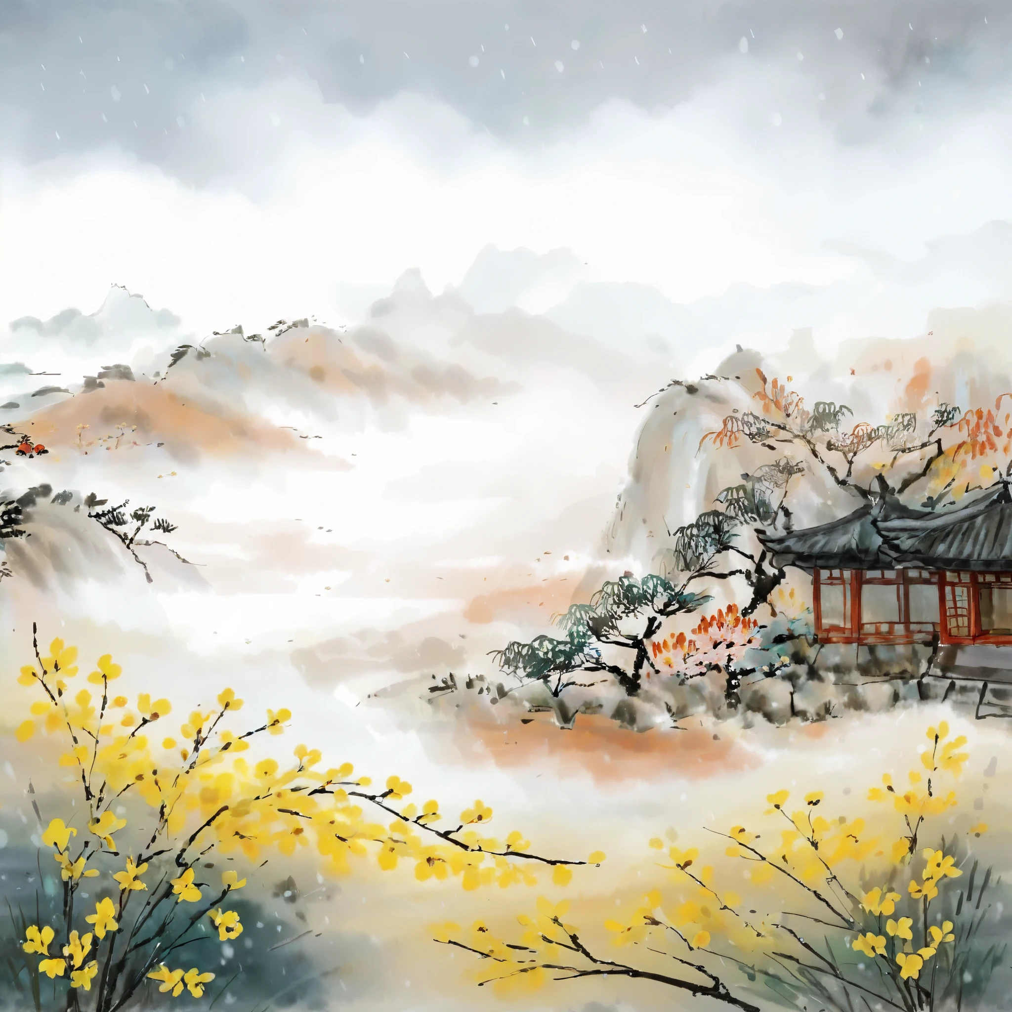 Ink painting, qi baishi, it's raining, long raindrops, two seven starred ladybugs are on the winter jasmine, winter jasmine, winter jasmine, long winter jasmine branches, yellow flowers, yellow flowers, close-up, no leaves, no leaves, focusing on winter jasmine, ink painting, traditional Chinese landscape painting, (large area of blank space, two-thirds composition: 2:3), clear new popular illustration landscape painting, parchment watercolor ink painting, Chinese style, watercolor ink painting, ink painting, (minimalist), minimalist, minimalist. Rice gray color, white background, ink painting style, ink painting, rice paper texture, clean, no text, quiet and ethereal, light white and light gray