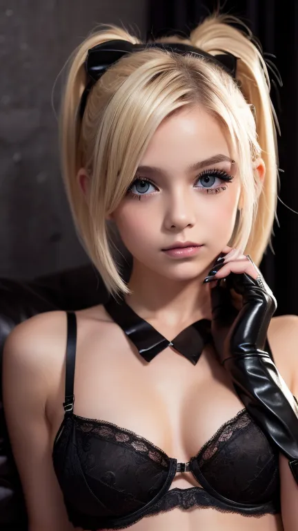 12 year old blonde girl in black lingerie, acostadas en una cama, chica con maquillaje cyber punk, cabello corte punk, cuerpo co...