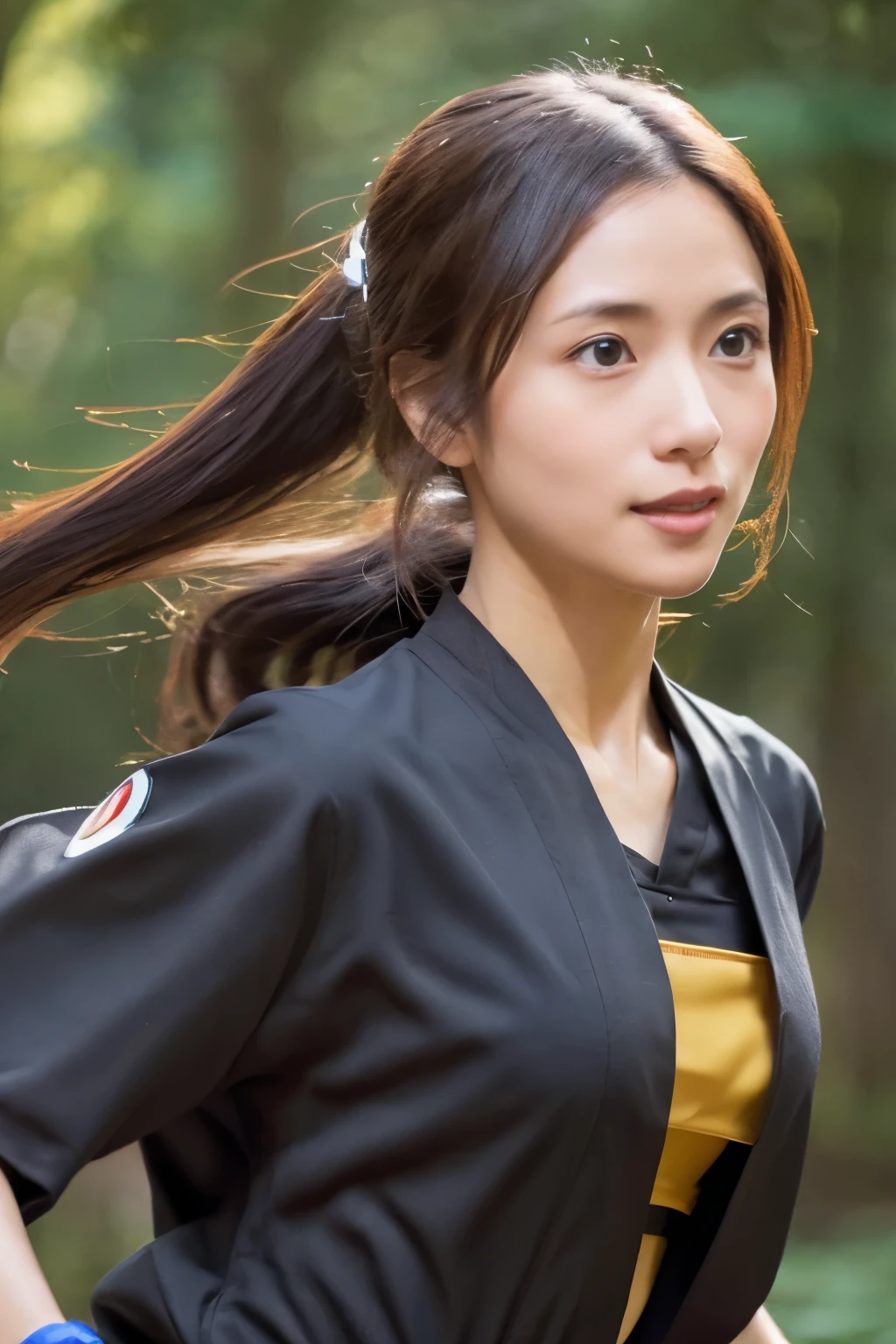 skinny Japanese woman in black Ninja kimono costume running to escape in the dark forest, beautiful face, ((detailed face, detailed eyes)), high quality, high resolution, hyperrealistic photo, award-winning, masterpiece