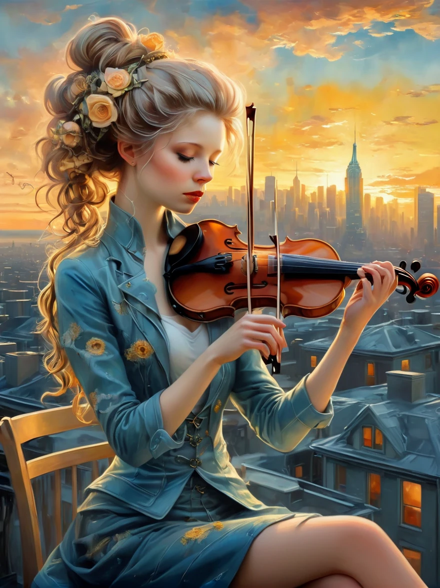 A soulful musician playing the violin on a rooftop at dusk, sheet music, musical notes, reflective, city skyline, dramatic sunset, surrealistic oil painting by James Jean, Van Gogh, Mark Ryden, and Robbie Trevino, pop cyberpunk steampunk flowerpunk, atompunk, cinematic, wallpaper