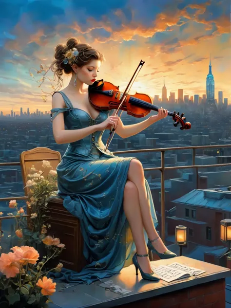 a soulful musician playing the violin on a rooftop at dusk, sheet music, musical notes, reflective, city skyline, dramatic sunse...