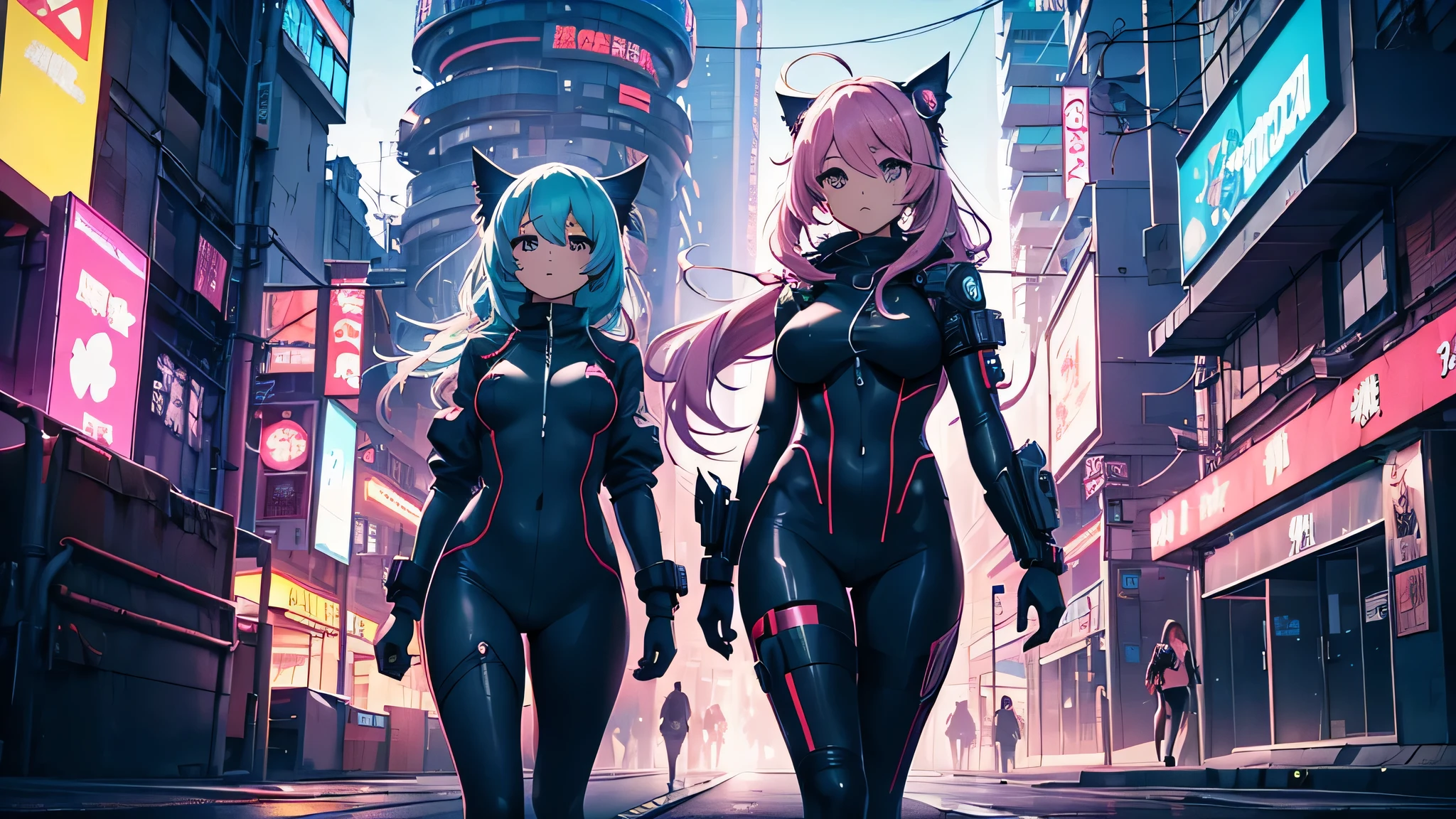 Anime girls in catsuits posing in a city at night., cyberpunk oppai, anime ciberpunk art, anime ciberpunk, cyberpunk anime art, digital cyberpunk anime art, digital cyberpunk - anime art, modern cyberpunk anime, anime ciberpunk digital!!, Best Anime 4K Konachan Wallpaper, female cyberpunk anime girl, in the cyberpunk city, trend on cgstation, cyberpunk women