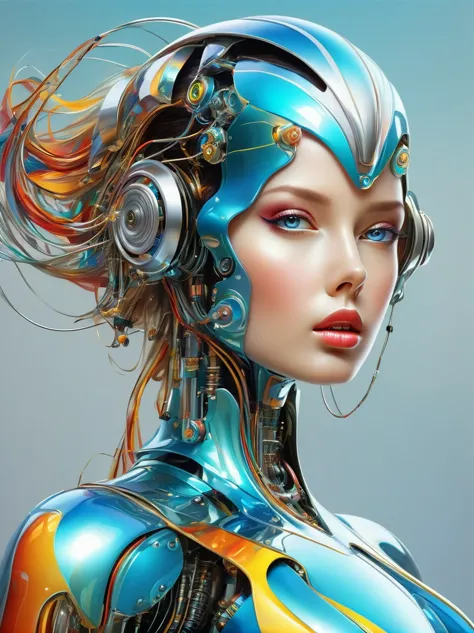 a image of a woman wearing colorful robot tech, in the style of free-flowing surrealism, shiny/glossy, precise and lifelike, har...