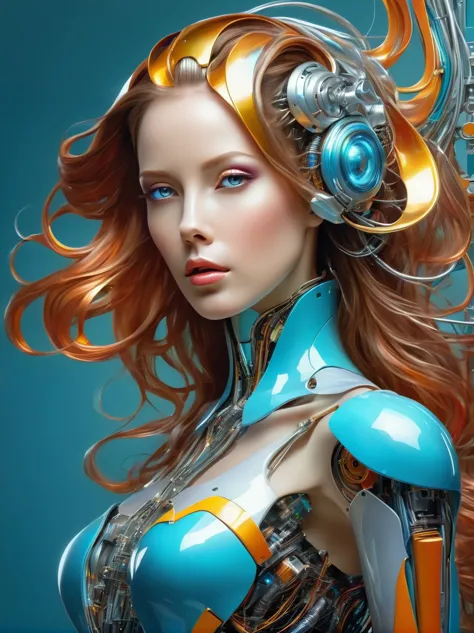 a image of a woman wearing colorful robot tech, in the style of free-flowing surrealism, shiny/glossy, precise and lifelike, har...